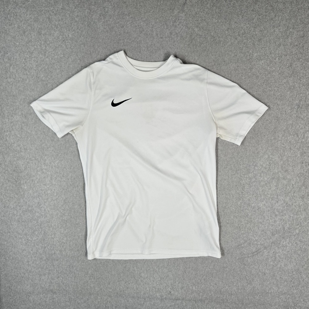 Nike Men Shirt L White Swoosh Logo Dri-Fit Activewear Slim Short Sleeve READ